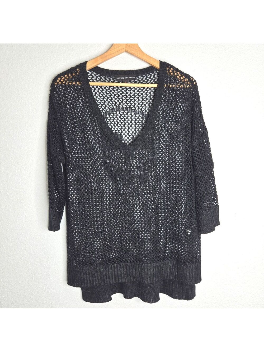 Rock & Republic Skull Open Knit Sweater L Black Goth Grunge Sheer High Low